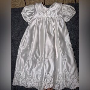 Vintage Classic White Satin christening dress  with Floral Embroidery